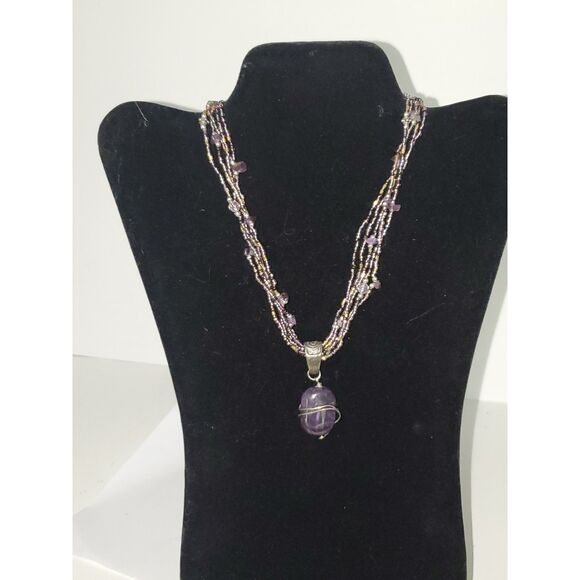 Amethyst Stone Pendant Beaded Strand Necklace Boho Layered Choker Statement - Picture 1 of 9